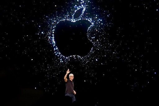FILE - Apple CEO Tim Cook speaks at an Apple event on the campus of Apple's headquarters in Cupertino, Calif., on Sept. 7, 2022. Apple Music is about to reach a huge numerical milestone — offering an eye-popping 100 million songs available on the streaming service. (AP Photo/Jeff Chiu, File)