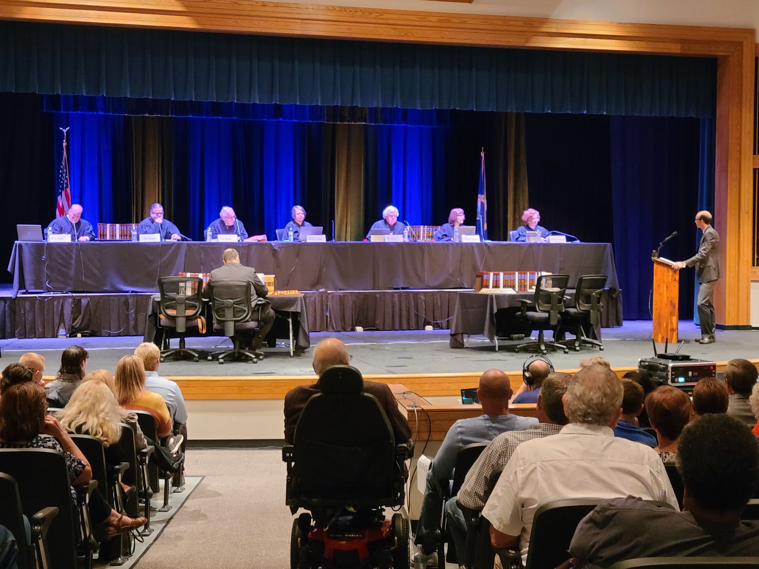 The Kansas Supreme Court hears an oral argument from the counsel for the appellant, Kasper Schirer, for the case State of Kansas v. Richard I. Moler II at the special session in the Parsons High School auditorium on Monday evening.
