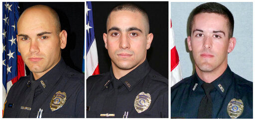 This combo of images provided by the Connecticut State Police, show, from left, Bristol, Conn. Police Department Sgt. Dustin Demonte, Officer Alex Hamzy and Officer Alec Iurato. Authorities said Thursday, Oct. 13, 2022, they believe that police officers Demonte and Hamzy, who were shot dead in Connecticut, had been drawn into an ambush by a 911 call about possible domestic violence. A third officer, Alec Iurato, was wounded but expected to recover. (Connecticut State Police via AP)