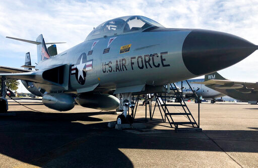 The F101B Voodoo is displayed at the Air Mobility Command Museum at Dover Air Force Base in Dover, Del., on Oct. 22, 2022. The Voodoo was a two-crew member fighter. The airplane is the fighter used by the squadron in which Gary Fields’ father, Willie "Bill" Mount Jr., served in the 1960s. The F101B Voodoos could carry two Douglas Genie air-to-air missiles which were designed to be used against incoming enemy bomber formations. Each missile was armed with a 1.5-kiloton atomic warhead. (AP Photo/Gary Fields)
