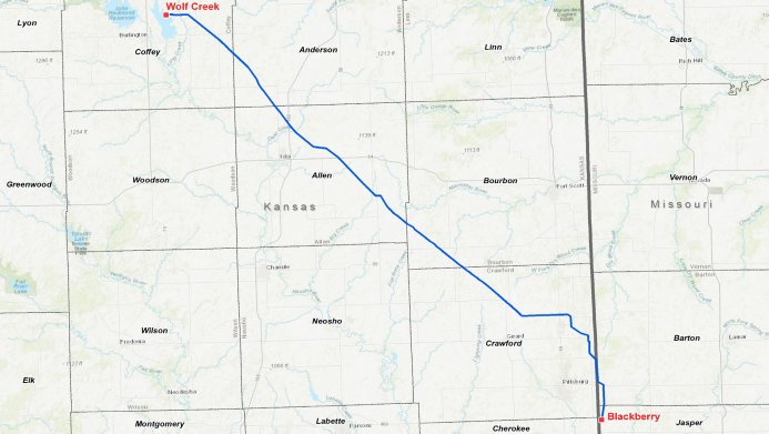 A map showing the location of a new NextEra transmission line planned to run through several counties in Southeast Kansas and Southwest Missouri.