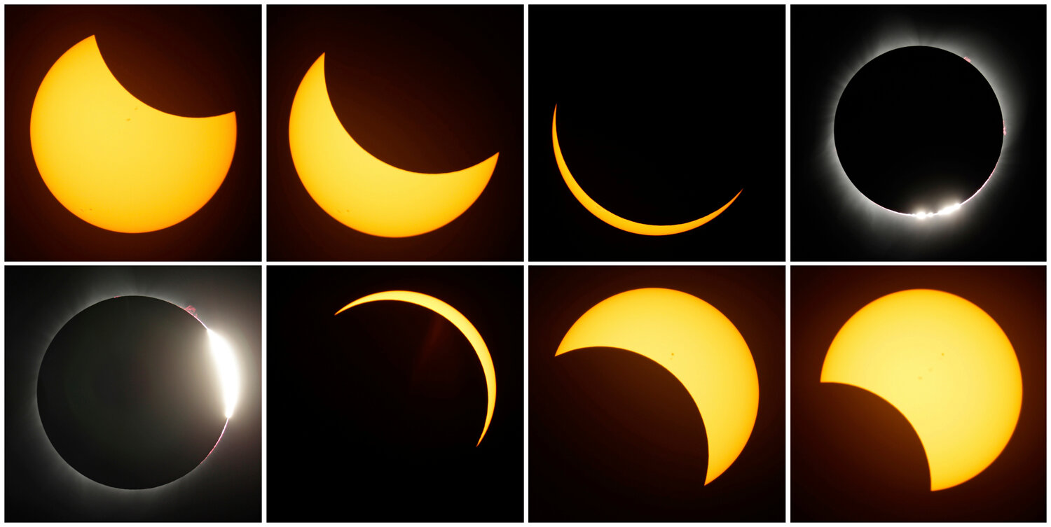 FILE - This combination of photos shows the path of the sun during a total eclipse by the moon Monday, Aug. 21, 2017, near Redmond, Ore. Itâs only a year until a total solar eclipse sweeps across North America. On April 8, 2024, the moon will cast its shadow across a stretch of the U.S., Mexico and Canada, plunging millions of people into midday darkness. (AP Photo/Ted S. Warren, File)