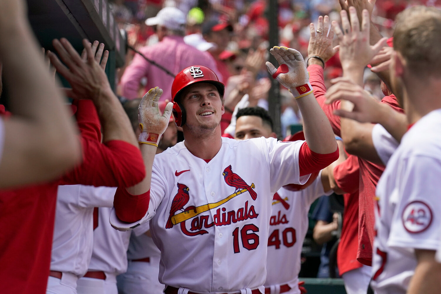 St. Louis Cardinals' Nolan Gorman is congratulated after hitting a grand slam during the sixth inning of Wednesday's game against the Arizona Diamondbacks in St. Louis. (AP Photo/Jeff Roberson)