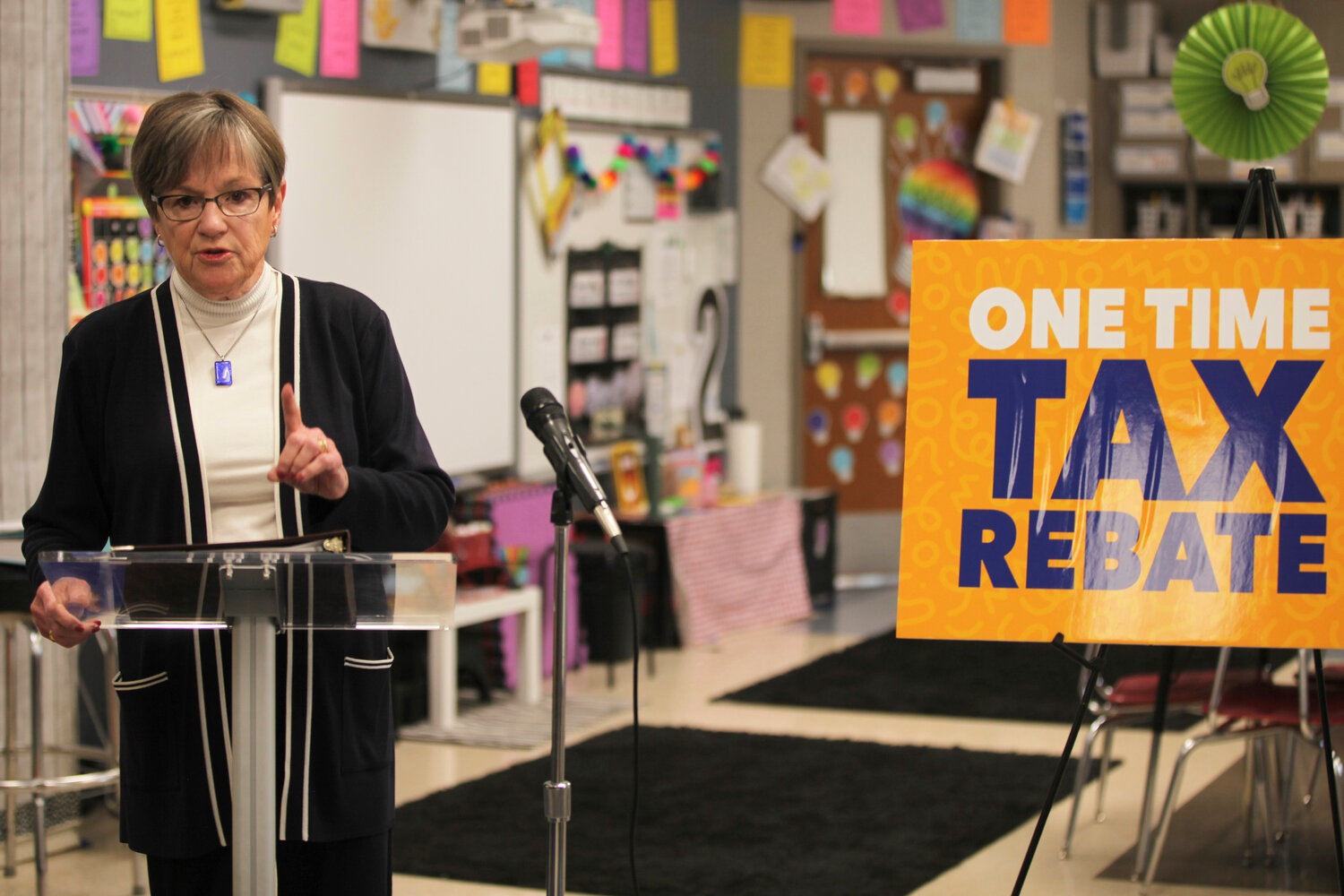 Kansas Gov. Laura Kelly discusses her veto of a bill that would have cut Kansas taxes nearly $1.4 billion over three years at a news conference, Monday, April 24, 2023, in a second-grade classroom at Elmont Elementary School in Topeka, Kan. Kelly objected to a proposal included in the bill that would have imposed a single-rate "flat" income tax for individuals and abandoned the state's current, three-rate tax. (AP Photo/John Hanna)