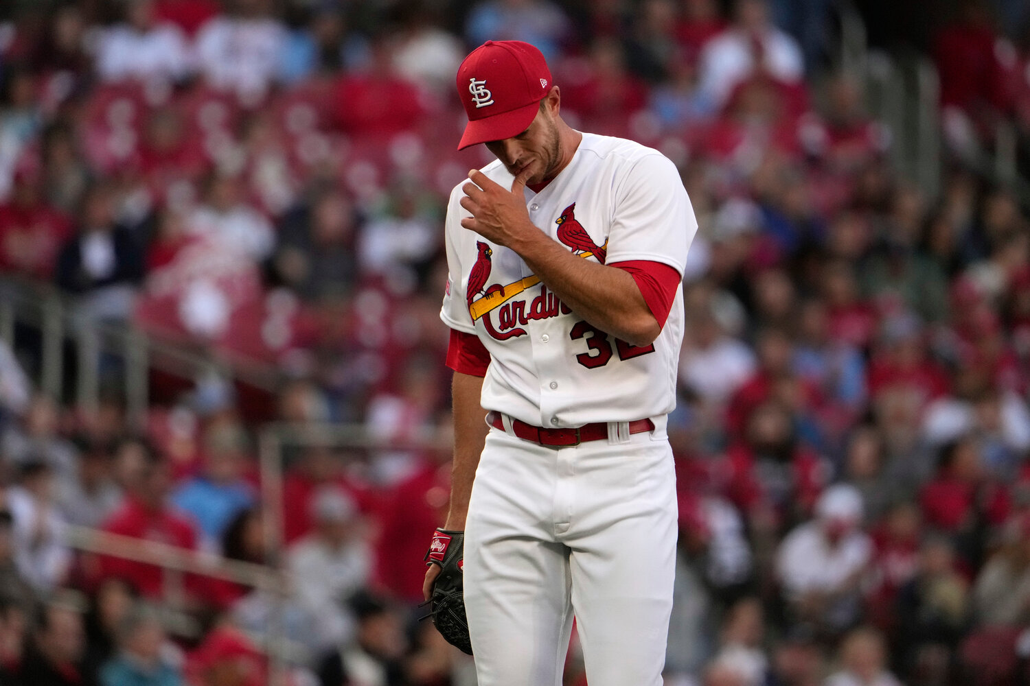 St. Louis Cardinals starting pitcher Steven Matz walks off the field after working the first inning of a baseball game against the Los Angeles Angels Tuesday, May 2, 2023, in St. Louis. (AP Photo/Jeff Roberson)