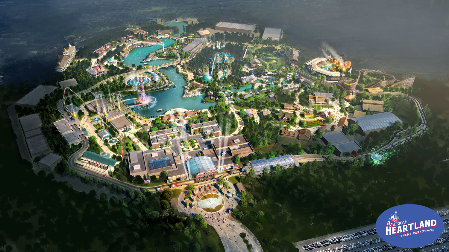 An artist rendering depicts an aerial view of the American Heartland Theme Park and Resort, a more than $2 billion entertainment destination development near Vinita, Oklahoma.