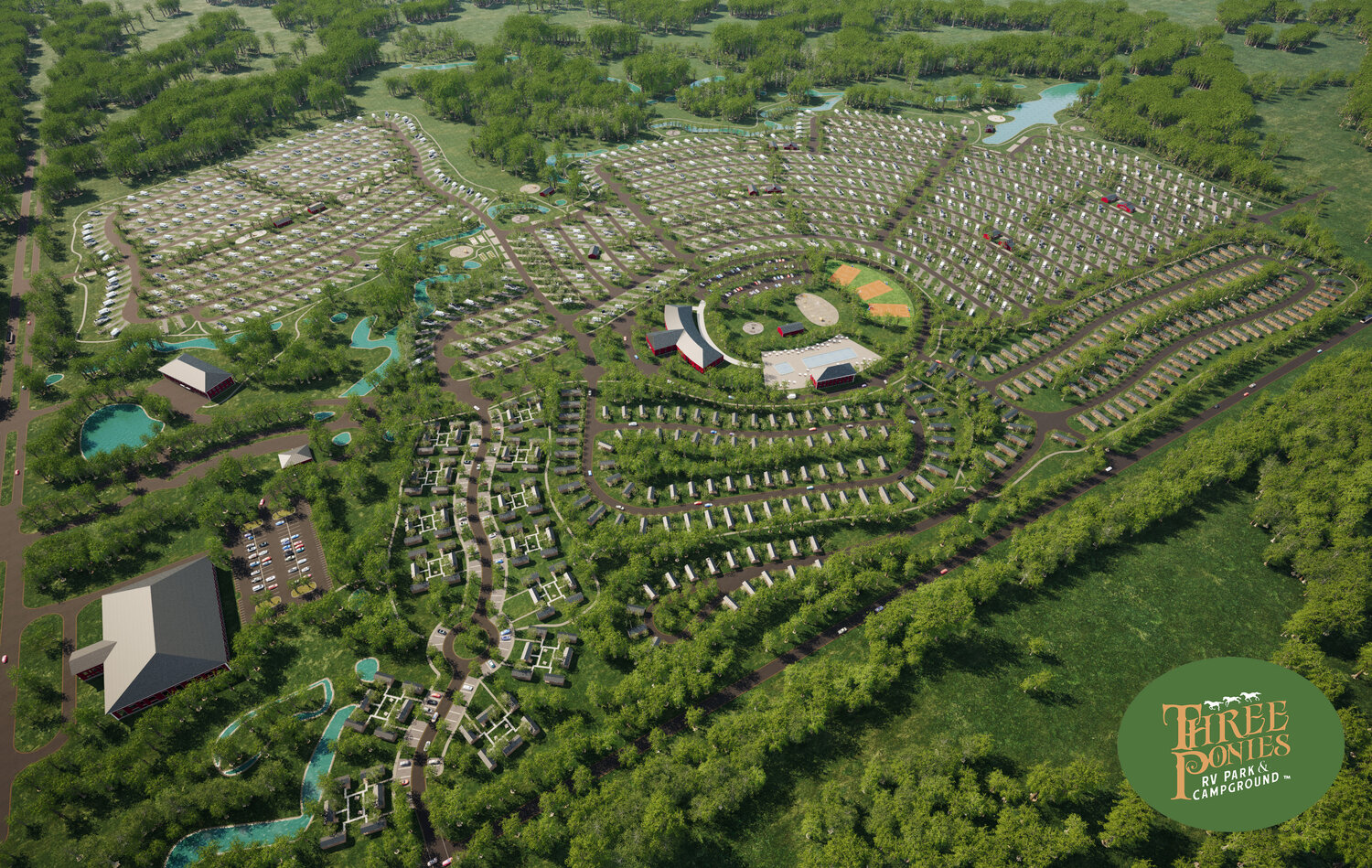 An artist rendering depicts an aerial view of the Three Ponies RV Park, which will be built in conjunction with the American Heartland Theme Park and Resort outside of Vinita, Oklahoma.