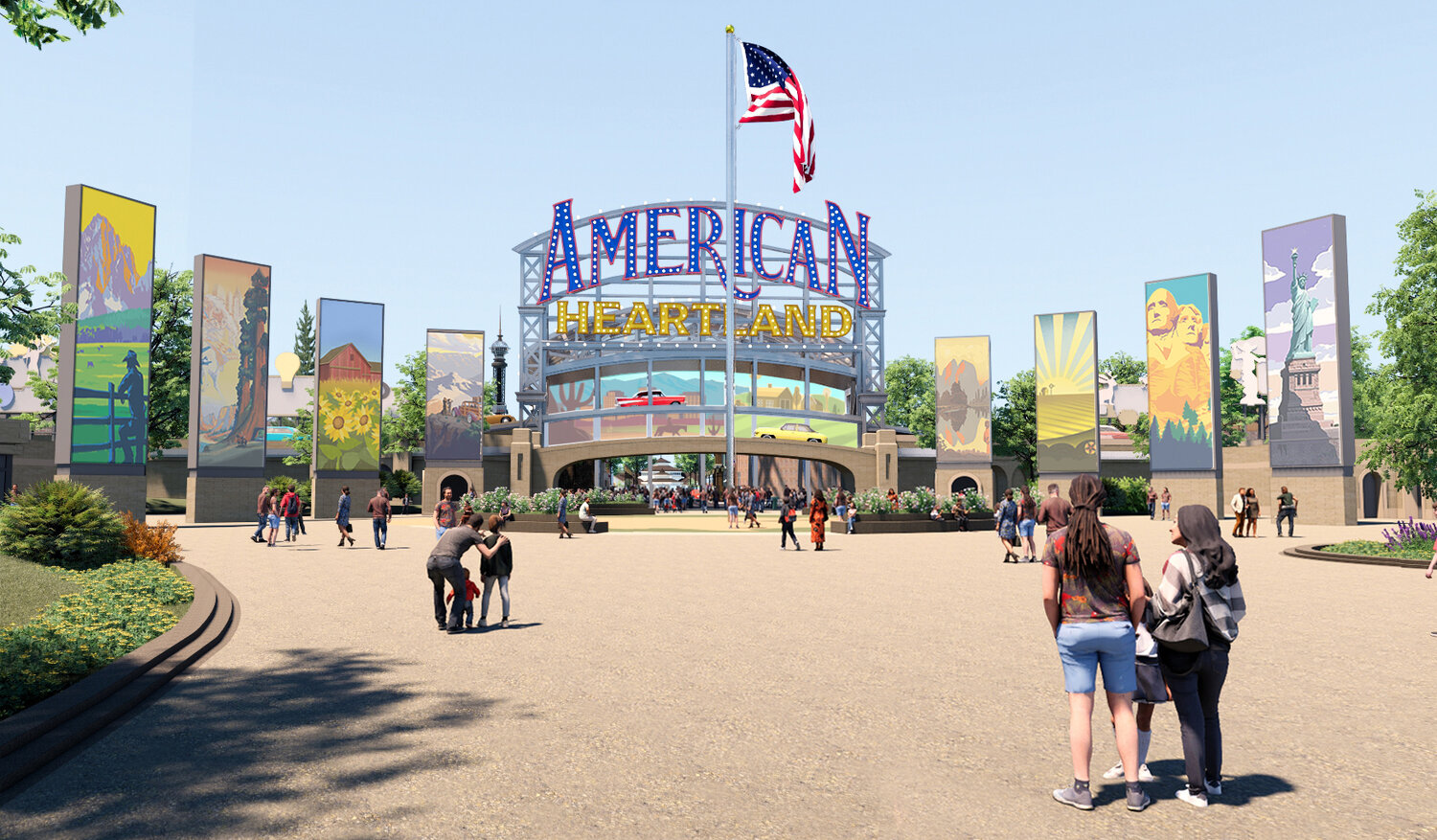 An artist rendering depicts the main park entrance of the American Heartland Theme Park and Resort.
