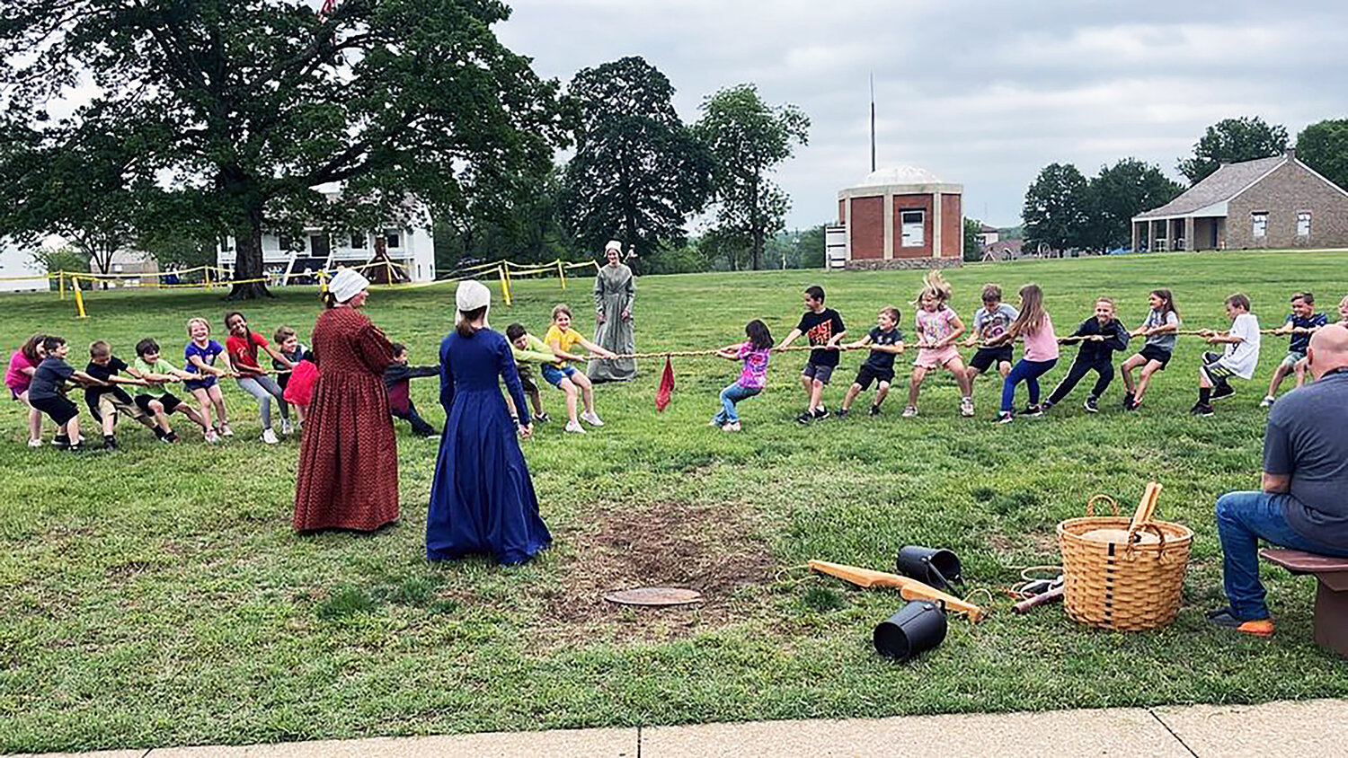 Kids play a game of tug-o-war at the Fort Scott National Historic Site.