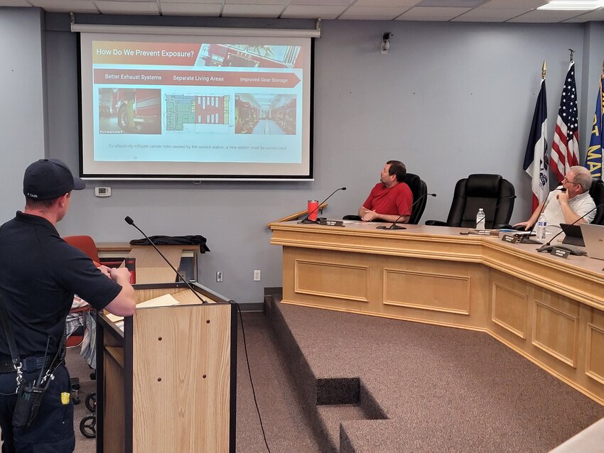 Firefighter Justin Cain talks to the Fort Madison City Council about the need for a new fire station in Fort Madison.