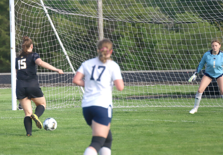 Central Lee's Ellie Lake leads the field to the Notre Dame goal just three minutes into the second half of the Hawks' 3-2 win over the Nikes Tuesday in Donnellson.