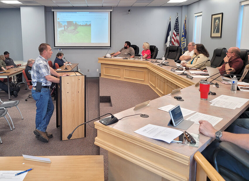 Fort Madison Public Works Director Mark Bousselot talks to the Fort Madison City Council Tuesday night about a drain the city has installed in a ditch near the PORT trail to help with drainage concerns.