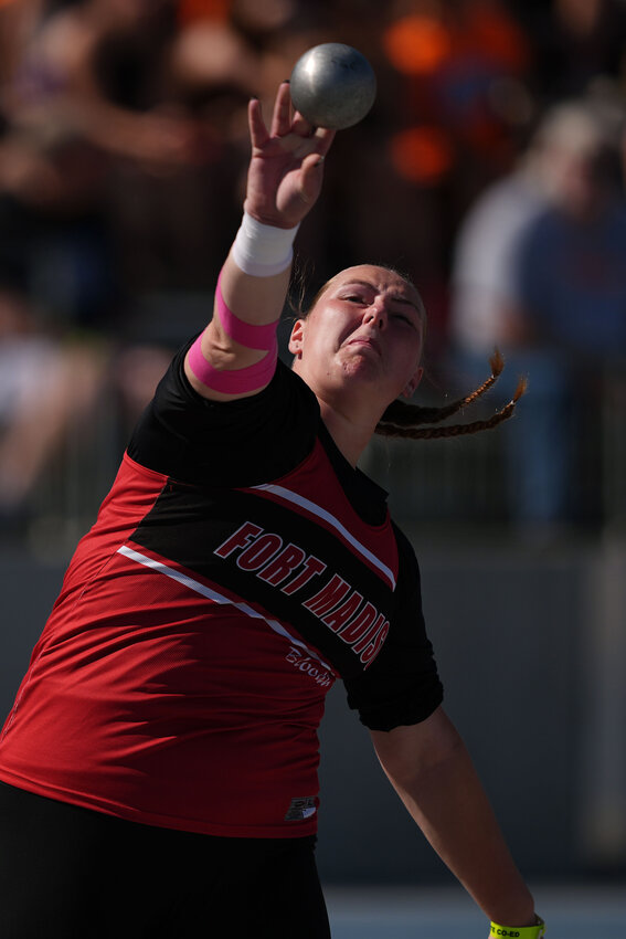 Fort Madison’s Brylie Lorence lets go with a shot during the 2024 IGHSAU girls state track meet. She finished 15th last year but has rededicated herself to a state title this year...and may just get it.