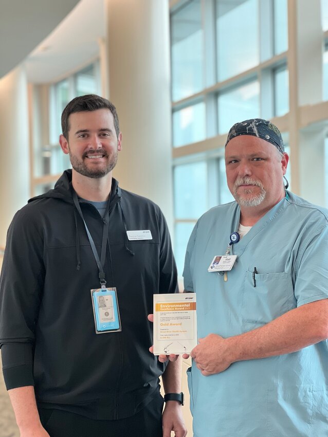 Pictured, left to right: Teague Dentino, Stryker Sustainability Solutions, and Matt Little, Nurse Manager, Surgical Services-SEIRMC, West Burlington