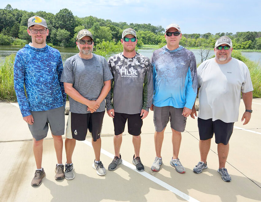 From left to right: 1st Place - Anthony Barnes, Fort Madison;   2nd Place - Rob Needem, Kirksville, Mo. 3rd Place & Big Bass -  Ryan Culbertson, West Point; 4th Place - Jeff Eaves Fort Madison. 2nd Big Bass – Kritter Hayes, Keokuk, IA.