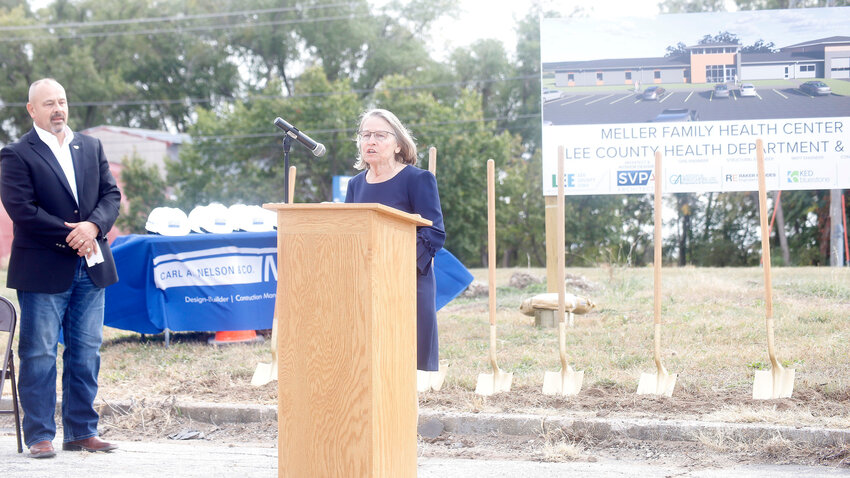 Congresswoman Mariannette Miller-Meeks speaks to a crowd gathered for the Meller Family Health Center groundbreaking. The health center will house the Lee County Health Department and Lee County EMS's Fort Madison facility.