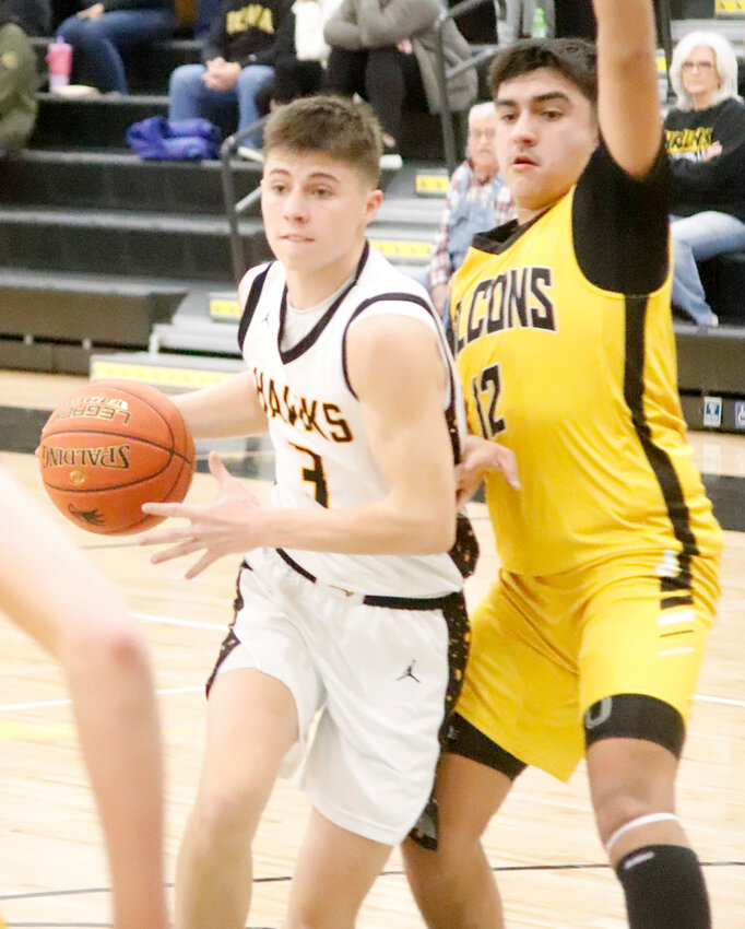 Central Lee junior Owen Swan (3) drives the lane in the third period against Louisa-Muscatine's Xavier Wheeler. Swan scored 24 in the district quarterfinal win over the Falcons.