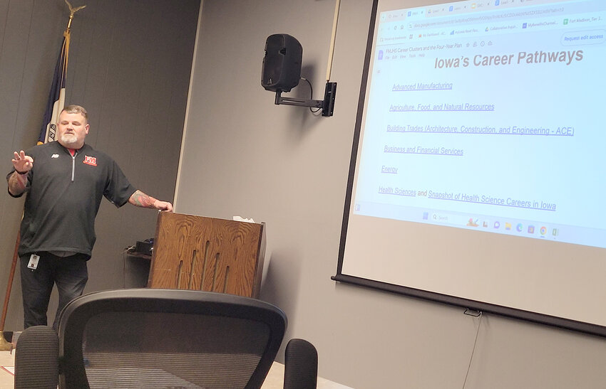 Fort Madison High School co-Principal Patrick Lamb updates the FMCSD School Board Wednesday night about the new Career Pathways program being planned for students.