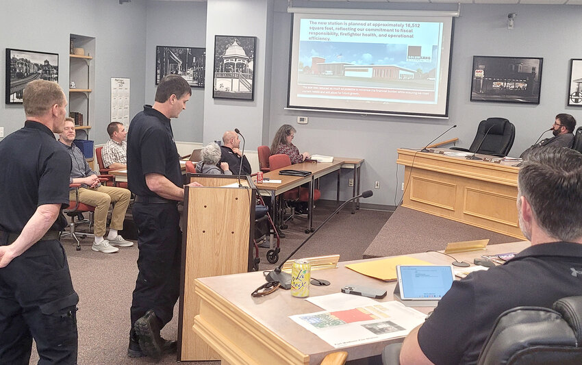 Firefighter Jon Lange and Lt. Chad Hannum brief the Fort Madison City Council on the city's new fire station. Bids could be let in September with work possibly starting in November.