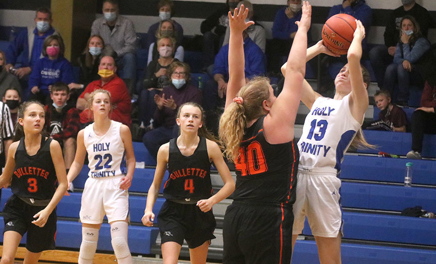 HTC's Mary Kate Bendlage looks for a shot from the left baseline in Friday's 56-43 loss to Mediapolis. Photo by Chuck Vandenberg/PCC
