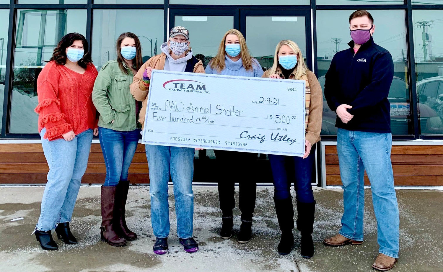 Pictured left to right – Brandi Marshall, Jessica Seitz, PAW representative, Sandy Brown, Casey Nickel, Angie King, and Tj LeMatty stand for a check presentation to PAW Animal Shelter last week. Courtesy Photo.