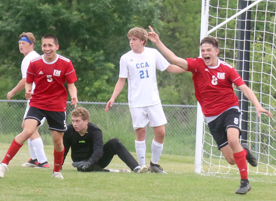 Fort Madison's Will Larson celebrates after scoring on a header off a corner kick assist from Mitchell Pothitakis in Monday's 5-1 win over Clear Creek-Amana in Class 2A substate 5 semifinal action. Photo by Chuck Vandenberg/PCC