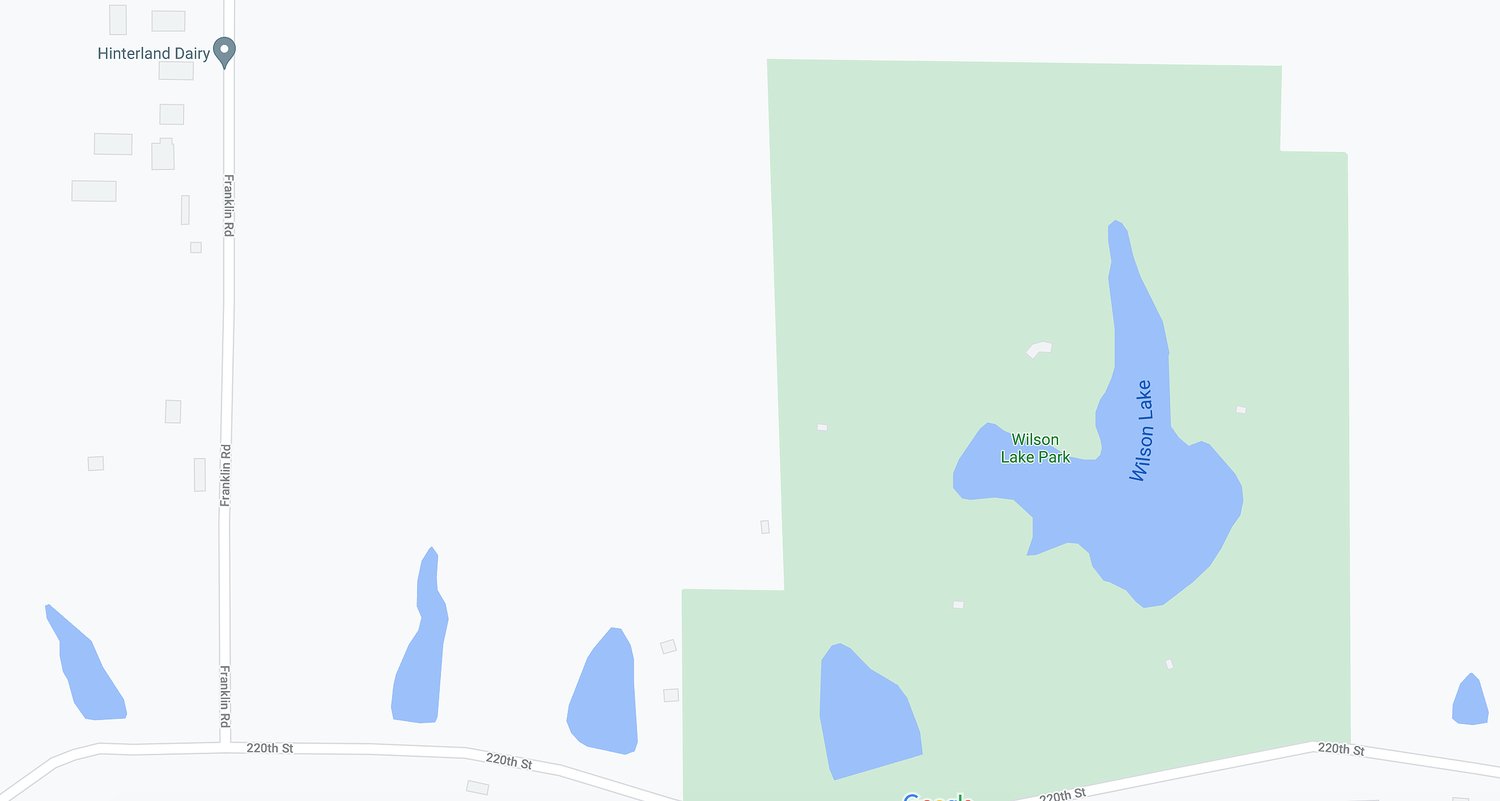 Lee County Conservation officials are looking at constructing a new pond northwest of Wilson Lake. The project could begin in 2022 if funding is secured through state grants. Image courtesy of Google Maps.