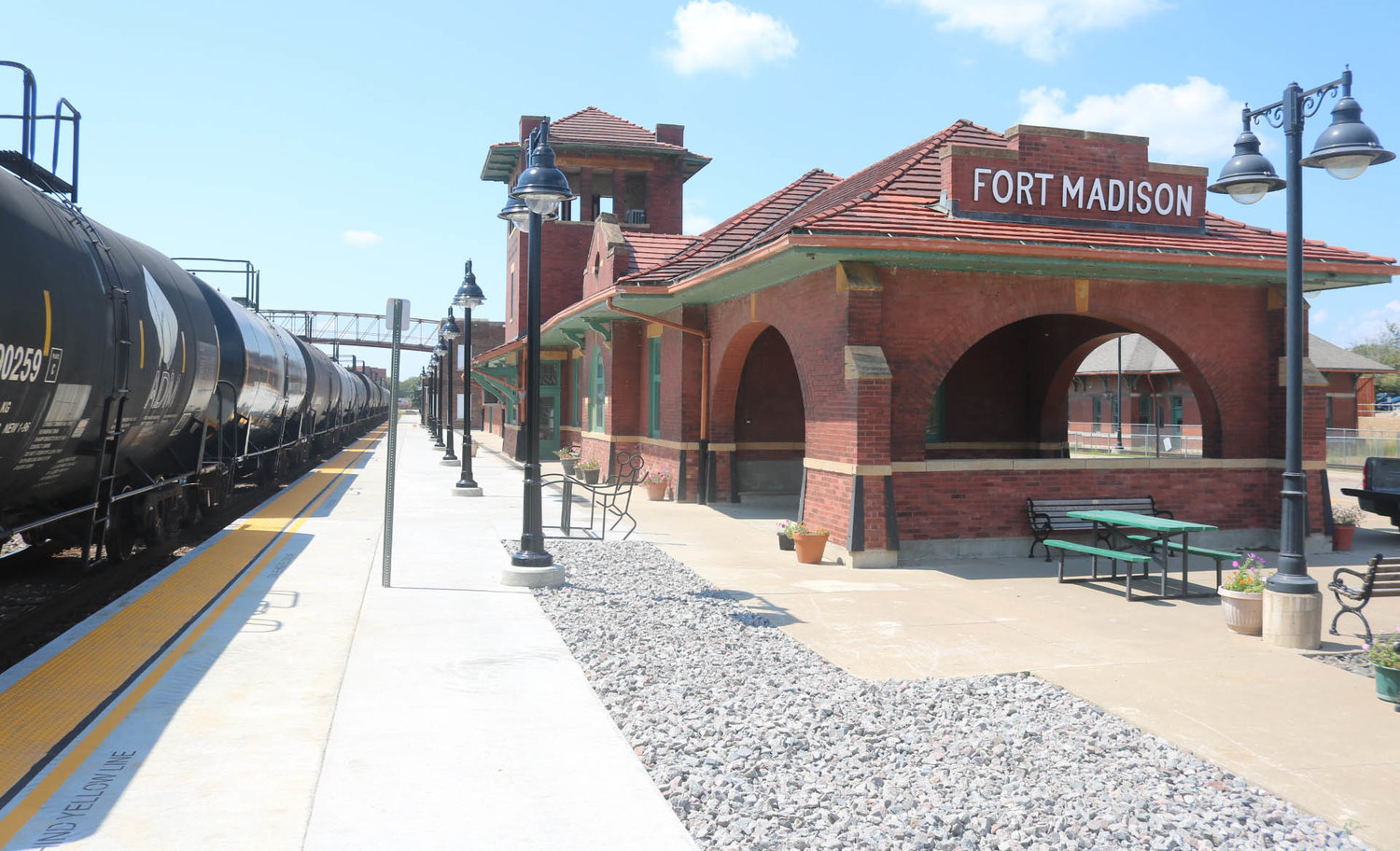 Fort Madison officials will step off an Amtrak train on Dec. 10 as the first passengers to be dropped off at the relocated Amtrak depot at 6 p.m. with a ribbon cutting at 6:30 p.m. The community is invited to come out to the reception that is set to start at about 6 p.m. with fireworks, bands, speakers and refreshments. Photo by Chuck Vandenberg/PCC