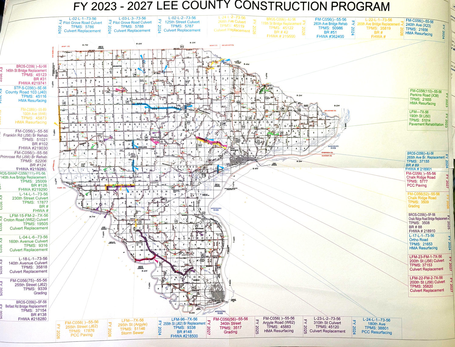 A map from the Lee County Engineer shows some preliminary plans for the next five years for the county. County Engineer Ben Hull said the plans could change based on funding formulas at the local, state, and federal levels.