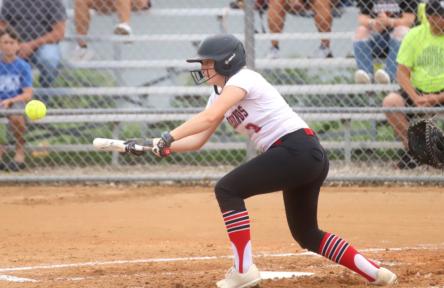 Elle Ruble lays down a sacrifice bunt in the bottom of the second inning in Fort Madison's 5-0 win over Keokuk in Class 4A Region 7 quarterfinals Friday in Fort Madison.