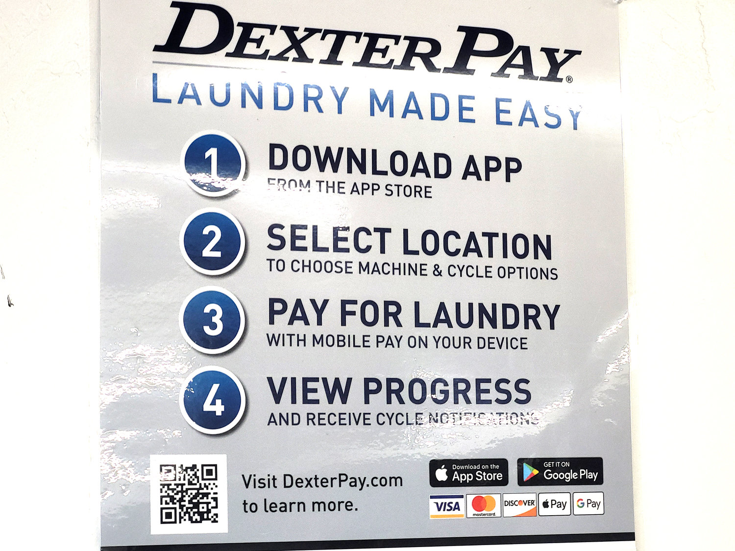 DexterPay is an app that can be downloaded onto phones that allows users to reserve and pay for machines in advance or offsite. Downloading the app also provides savings opportunities for the users. Businesses can use the app to track business costs associated with laundry.