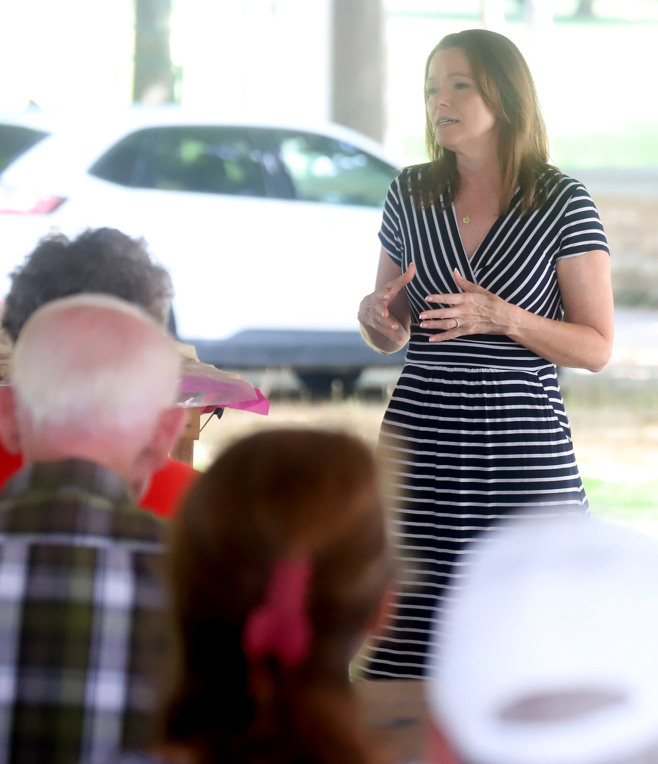 1st District Congressional candidate Christina Bohannan gets a turn to address the crowd of about 75 people Sunday at the Ivor Fowler Center.