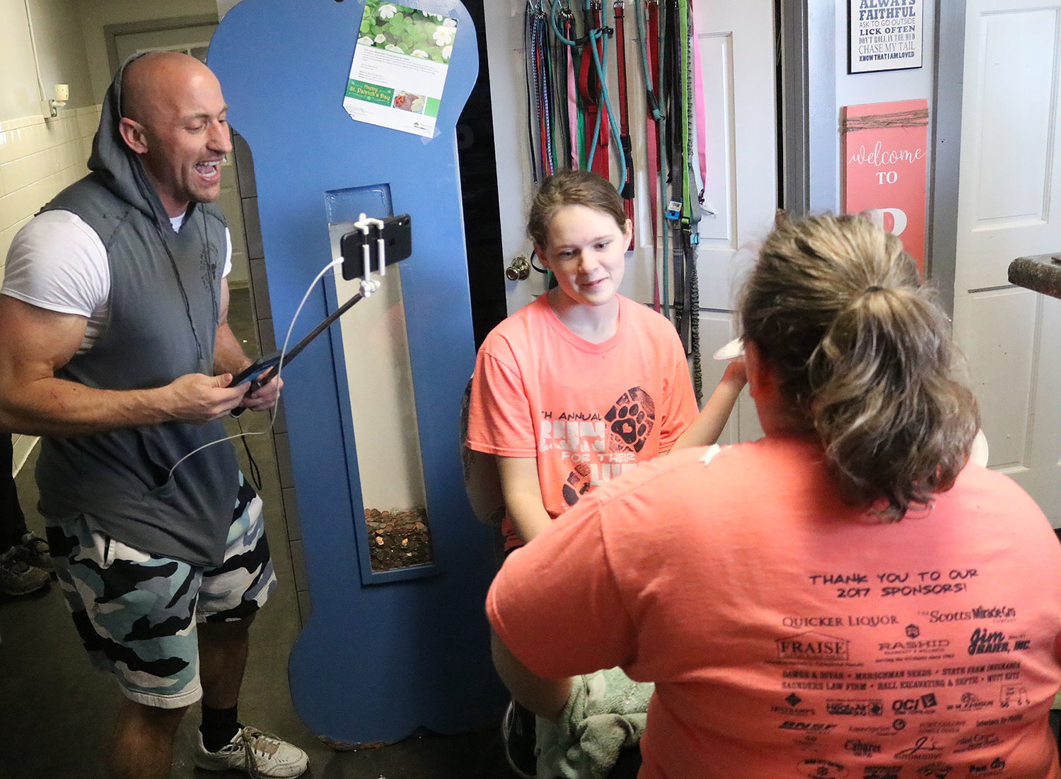 Kris Rotunda "officiates" a trivia contest where contestants take a pie to the face for wrong answers at least year's Jordan's Way event at Fort Madison's PAW Animal Shelter