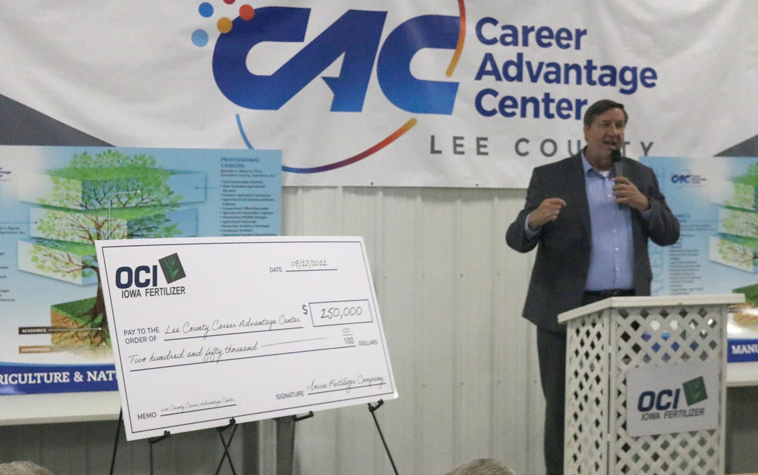 Lee County Economic Development Group President and CEO Dennis Fraise announces a $250,000 donation to the Lee County Career Advancement Center from OCI Iowa Fertilizer Tuesday afternoon in Montrose