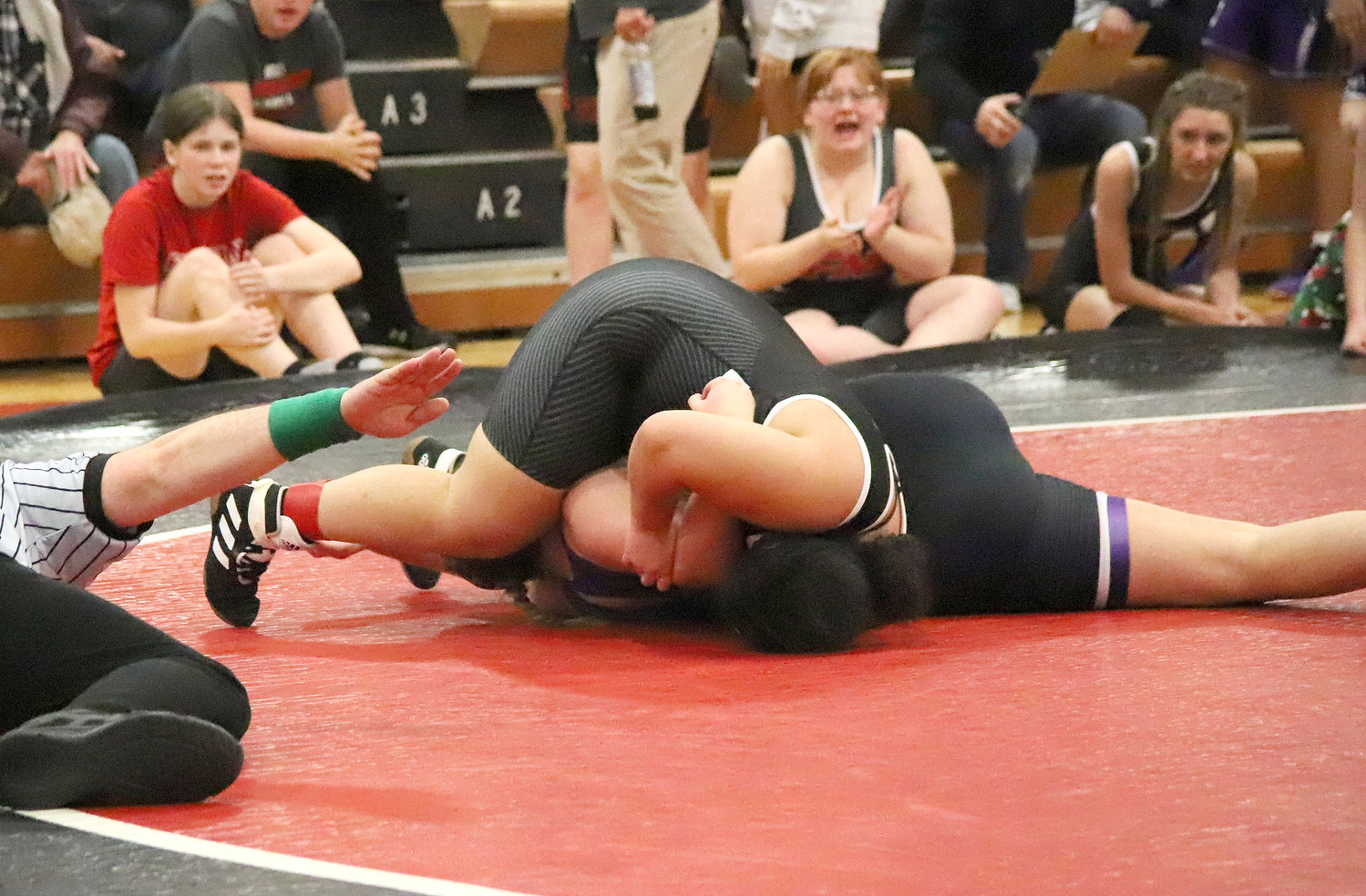Junior Bloodhound Sadie Brandon is close to scoring a pin over Muscatine's Gabriele Lingle in early round wrestling Monday night in Fort Madison