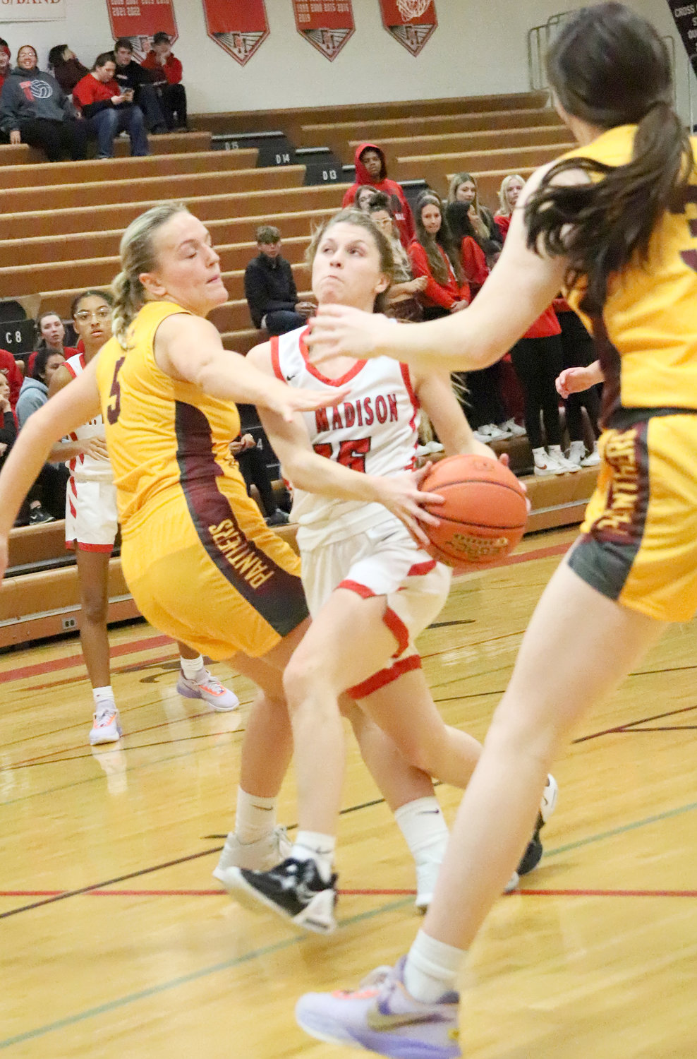 The Lady Hounds Irelynd Sargent splits a couple Panther defenders in the first quarter of Friday's win.