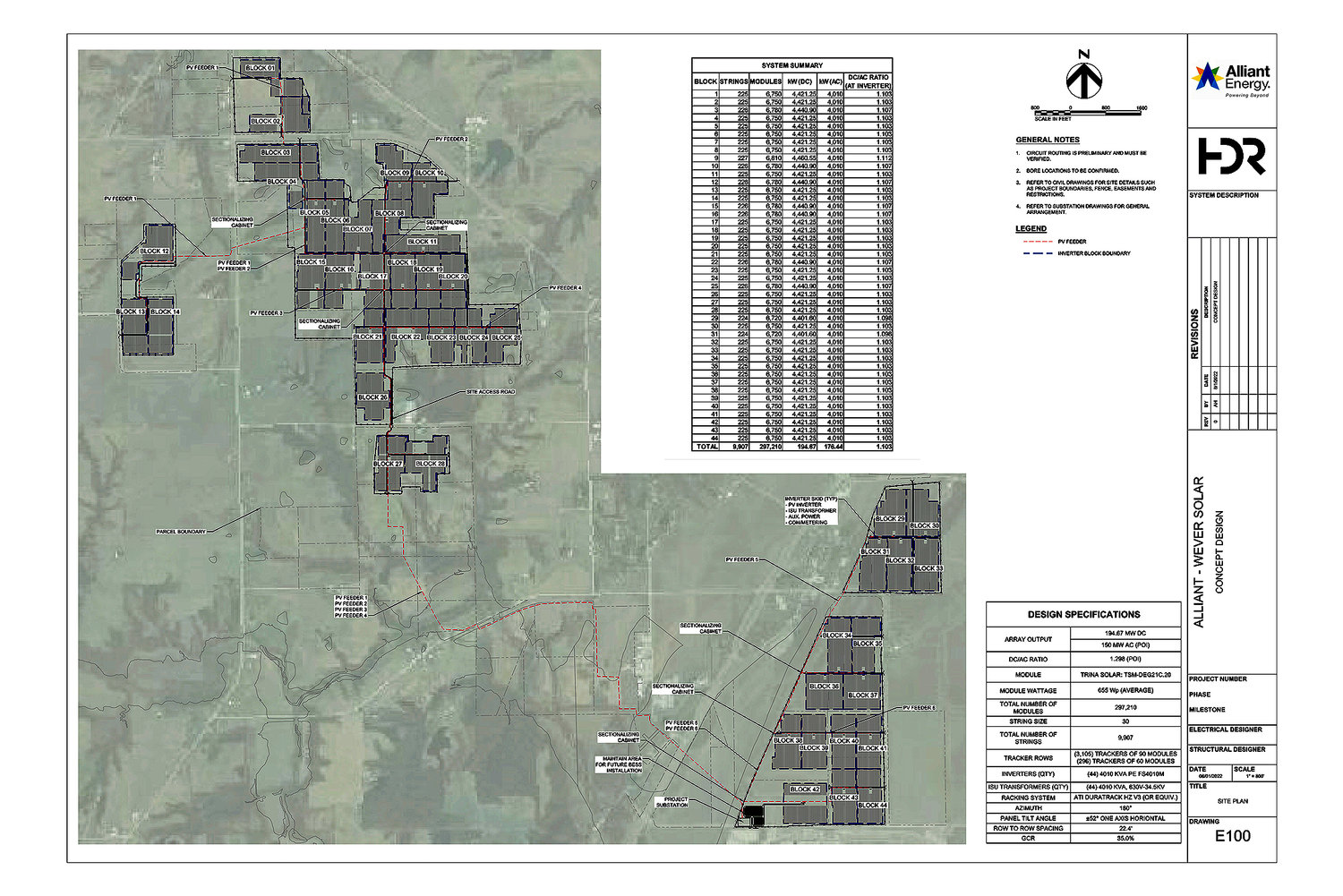 An engineering map of the proposed 150 megawatt solar field planned by Alliant Energy was released Monday at the Lee County Board of Supervisor's meeting. Supervisors approved a joint agreement with Alliant outlining responsibilities of the project
