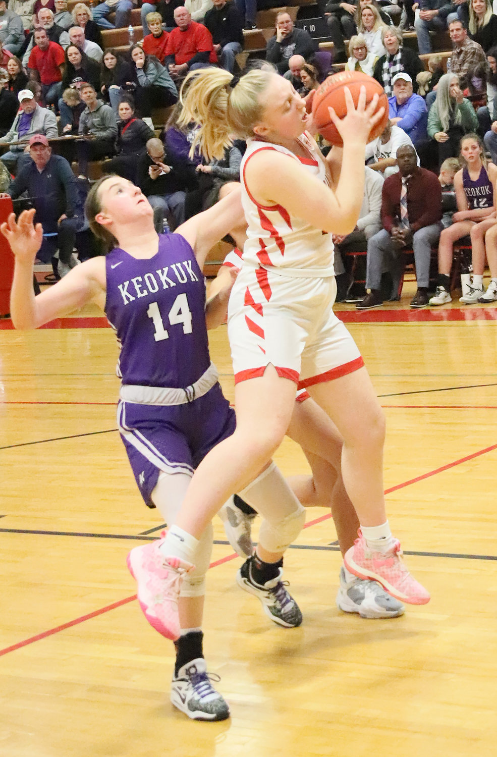 Fort Madison senior Molly Knipe drives in the third quarter of Friday night's loss to Keokuk. The Hounds came up just short after cutting the lead to three in the fourth quarter.