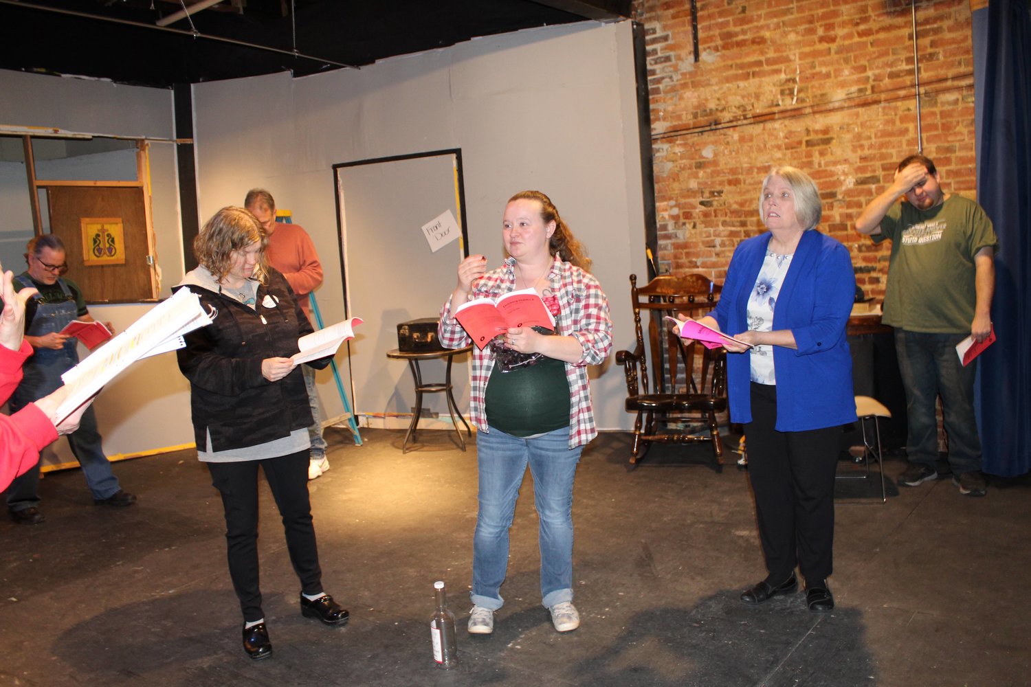 Actors in an early rehearsal for the February Show.  Pictured left to right: (Back row) Todd Gorham, Jim French, James Salisbury; (Front row) Char Abel, Jennifer Pranger & Karen Schumaker.