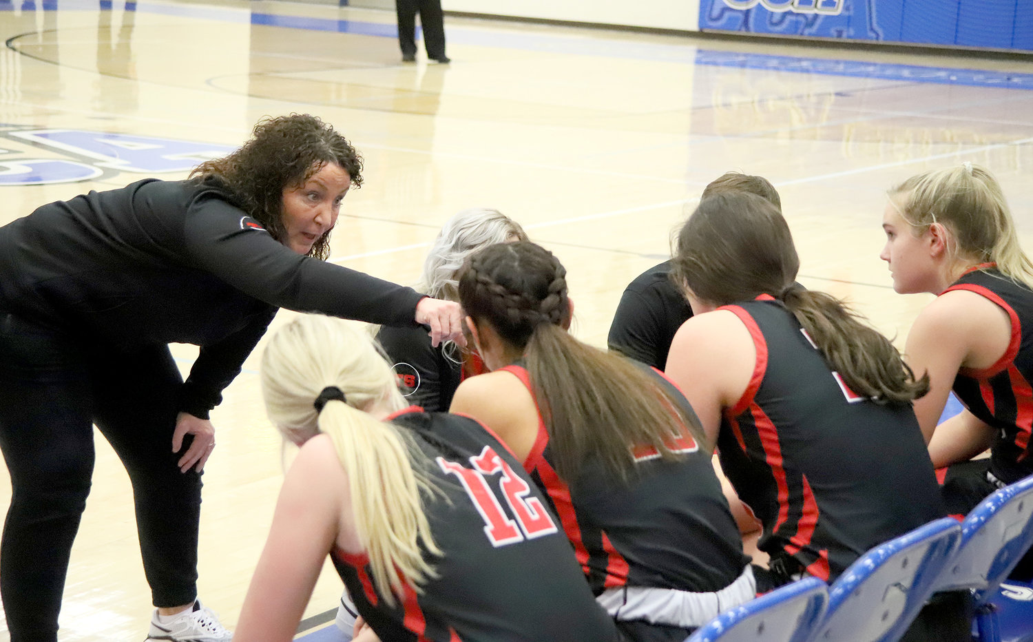 Fort Madison Head Coach TJ Sargent tries to get the Lady Hounds motivated during a timeout in the 2nd half of Fort Madison's regional semifinal loss Saturday in Tiffin