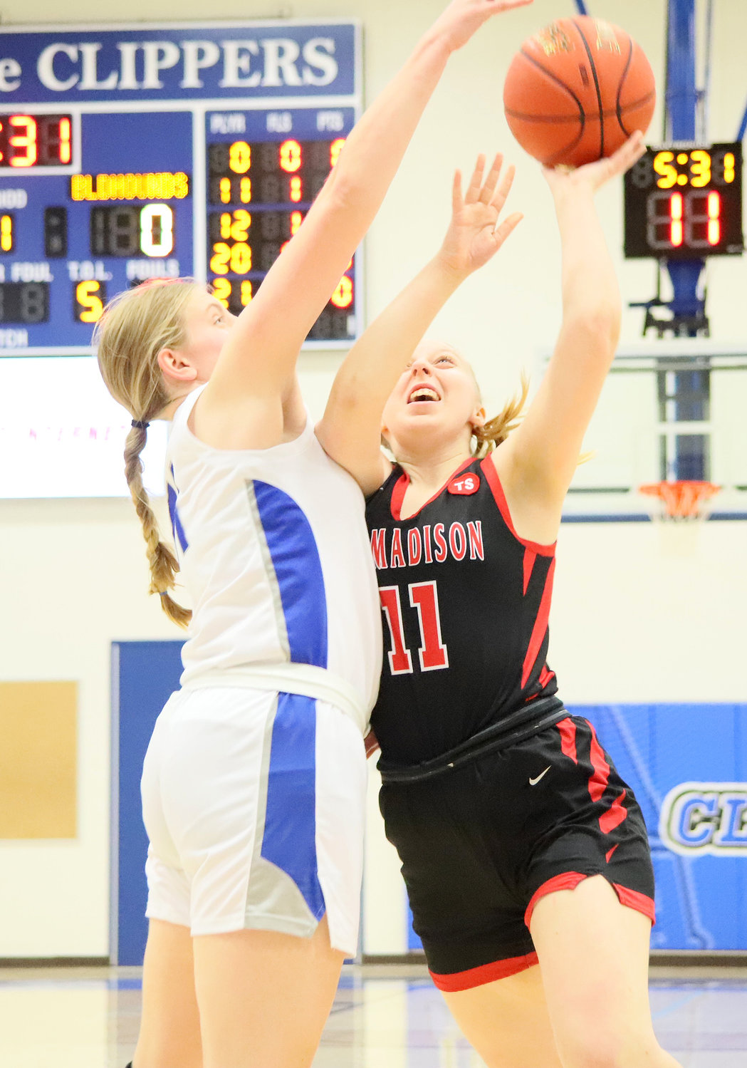 Senior Molly Knipe gets a shot blocked in the first half against a physical Lady Clippers team.