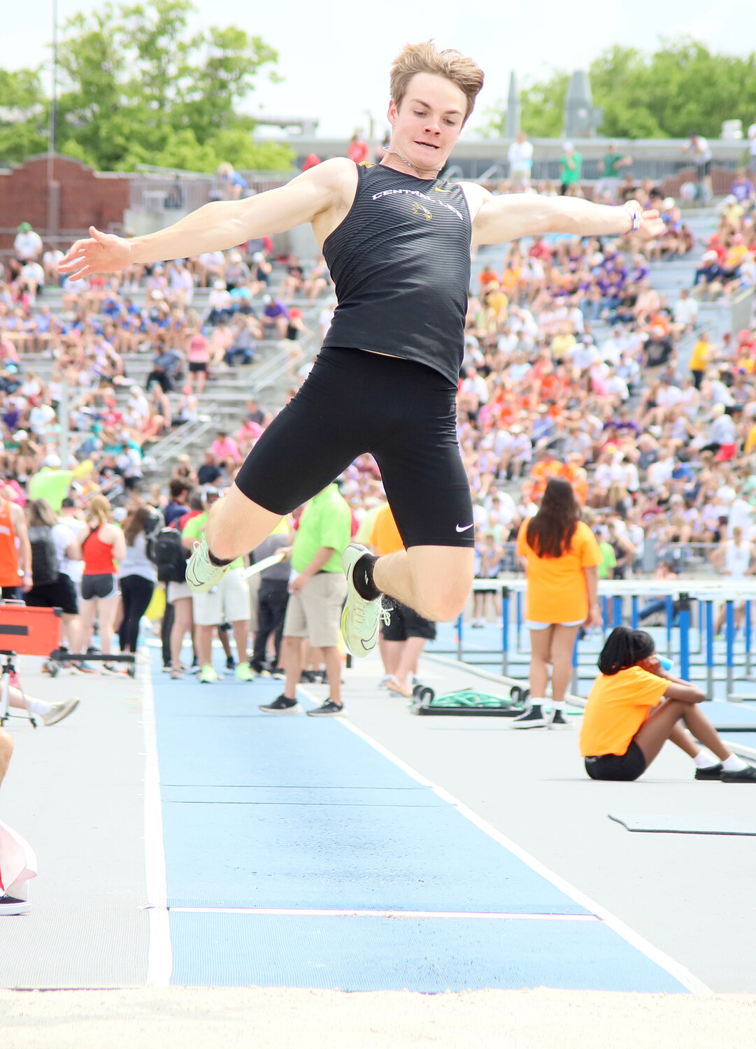 Central Lee's Tommy Eschman makes his 6th place leap of 21-10" in Thursday's Class 2A long jump at the IHSAA/IGHSAU State Track and Field Meet in Des Moines.