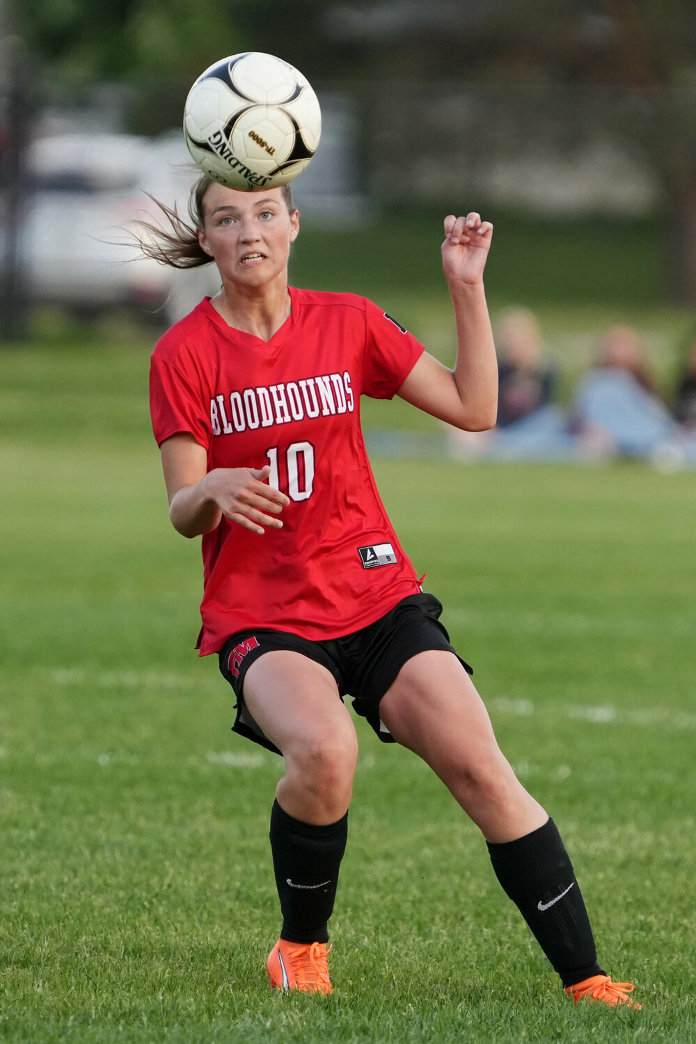 Olivia Kraus (10) heads the ball during their Class 2A Region 5 quarterfinal game against Keokuk High School, Friday, May 19, 2023 at Fort Madison's Baxter Sports Complex. Fort Madison won 6-0.
