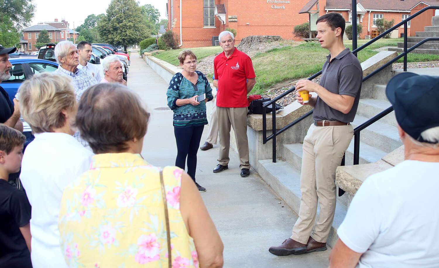 State Auditor Rob Sand spoke with Fort Madison residents last year in a town hall visit outside the North Lee County Courthouse. Sand has weighed in on the pending sale of Iowa Fertilizer Co, to Koch Industries.