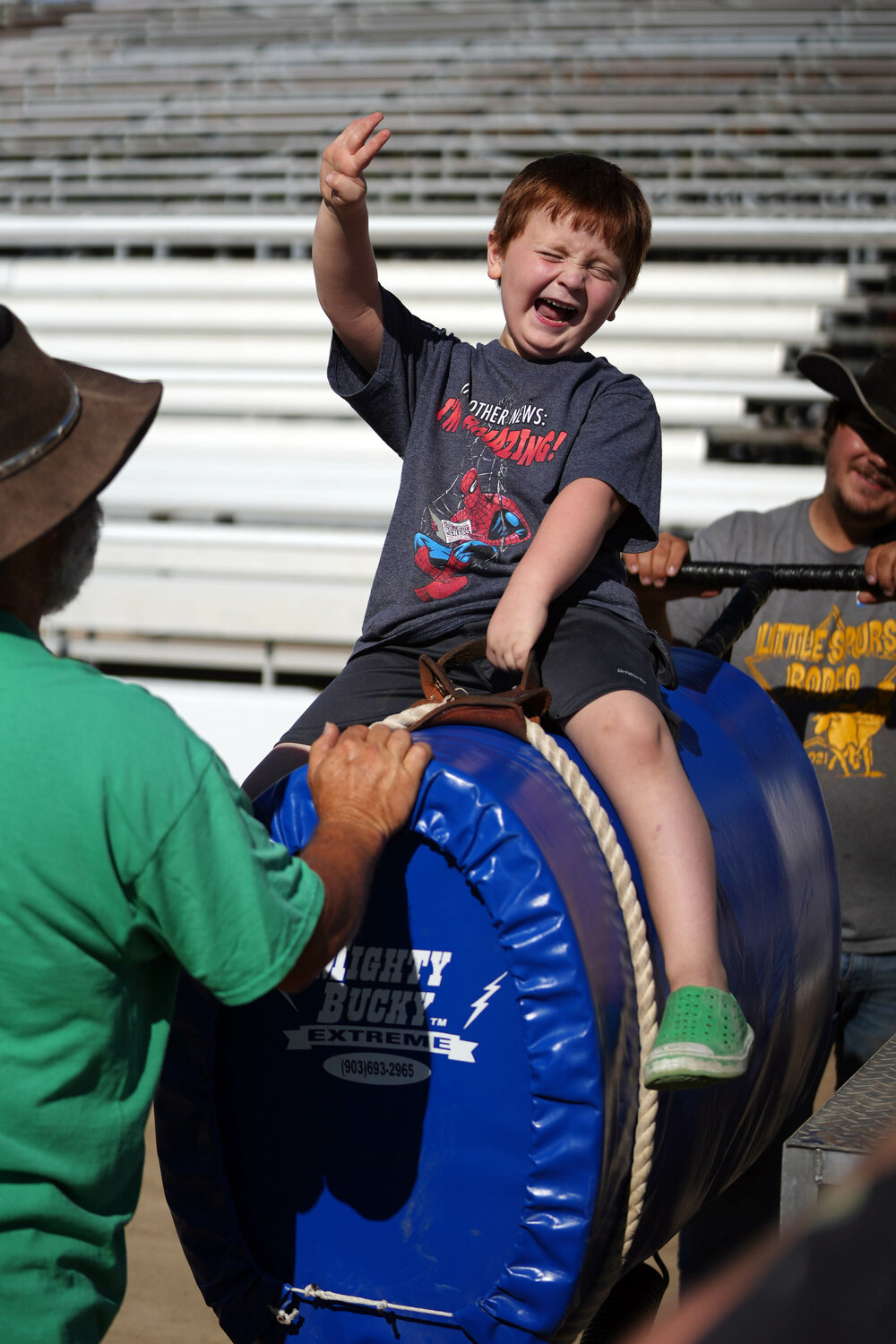 Benjamin Jeffries, 5, Fort Madison, rides the Mighty Bucky during the Special Kids Rodeo, open to all physically and mentally challenged kids and adults, Saturday, September 2 at the Tri-State Rodeo Grounds in Fort Madison. Events included simulated saddle bronc riding, horseback rides, simulated barrel racing, simulated calf roping, horse drawn trolley rides, KC the mechanical bull, goat tying, petting zoo, simulated bull riding and simulated horseback riding. Other pre-rodeo events include the Lil Spurs Rodeo Monday morning starting at 10 a.m. and Pee Wee Barrels in the horse arena behind the Tri-State Rodeo Arena Tuesday at 5:30 p.m.