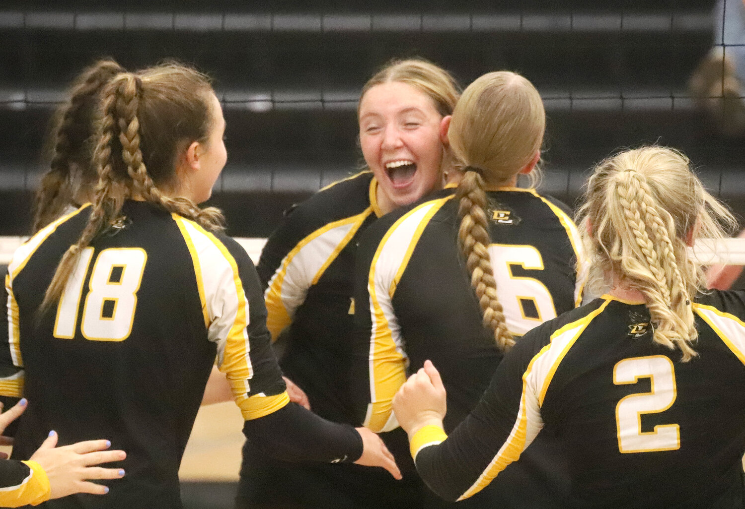 The Central Lee Hawks celebrate after rallying in a two-match tiebreaker set to take Pool 4's No. 1 seed in the Southeast Iowa Superconference volleyball tournament at Central Lee High School.
