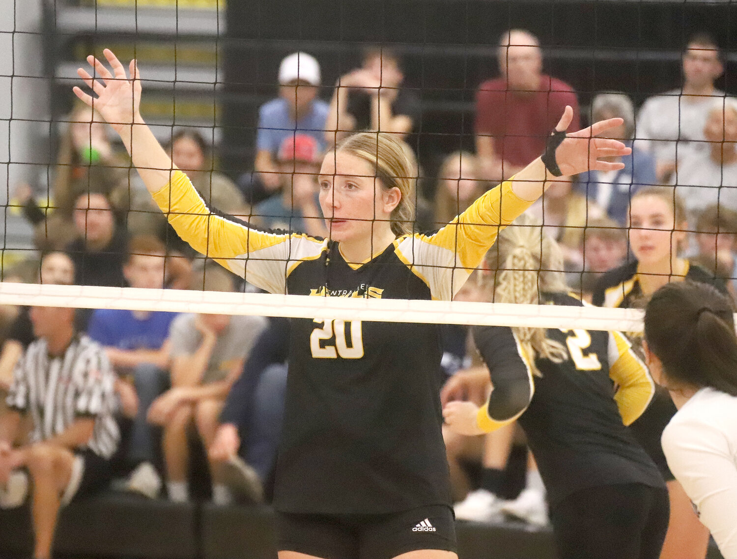 The Lady Hawks' Josie Newton sets up the defense at the net for Central Lee in their win over Wapello Thursday night at Central Lee High School during the SEISC volleyball tournament.