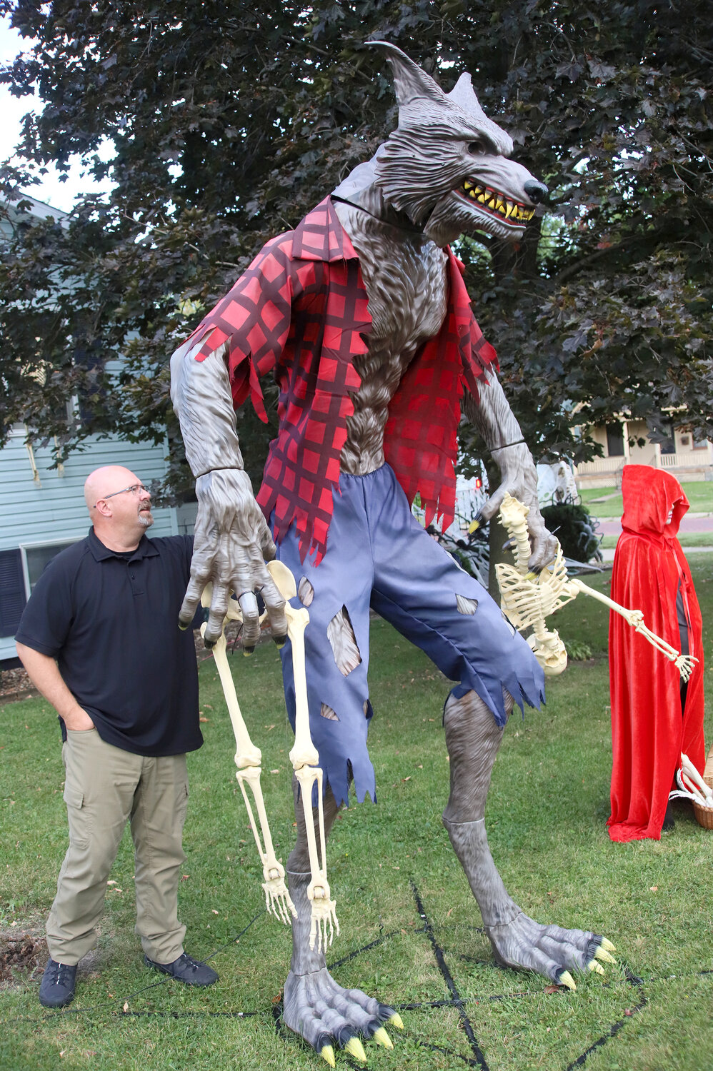 A 12-foot wolf stands with a skeleton it's pulled apart on the west side of the Donaldson's Halloween display. This is the fourth year the Donaldson's have put out the award-winning display.