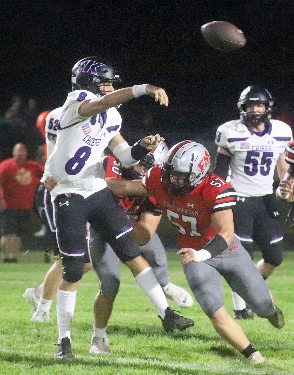 Fort Madison's Tristan Marshall just misses a sack on Keokuk's Brenton Hoard in the second quarter of the Hounds' 17-14 win Friday night in a Homecoming win at Richmond Stadium.