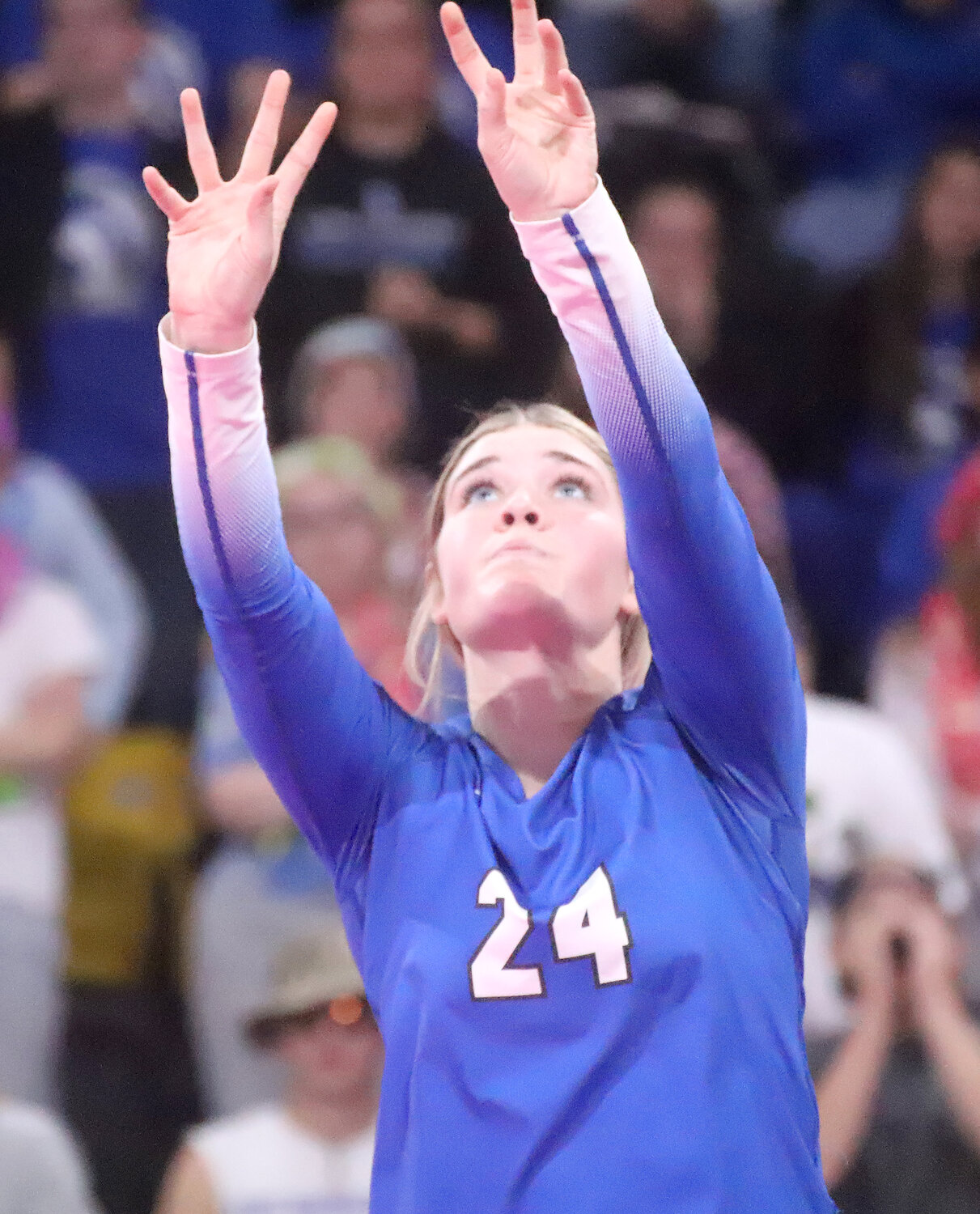 Holy Trinity's Anna Bendlage looks up for a set during the second set of Tuesday's win over Don Bosco. The Crusaders advanced to the semifinals Wednesday night.